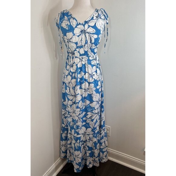 Jessica Simpson Maxi Dress Size S Blue Floral Smocked Tiered Ruched Ruffle $55 - Picture 2 of 9